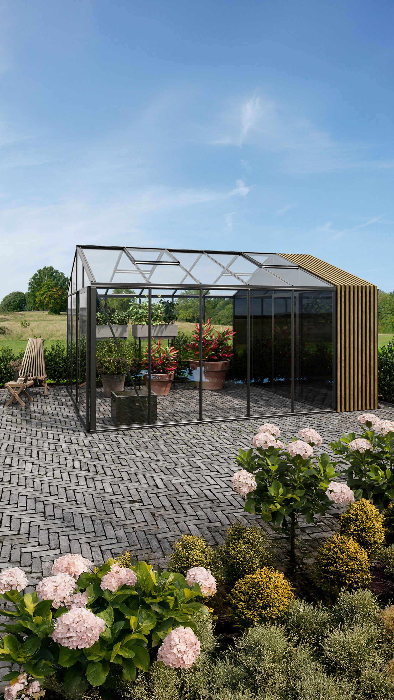 Aurora Glass Greenhouse — lifestyle photo with person and plants