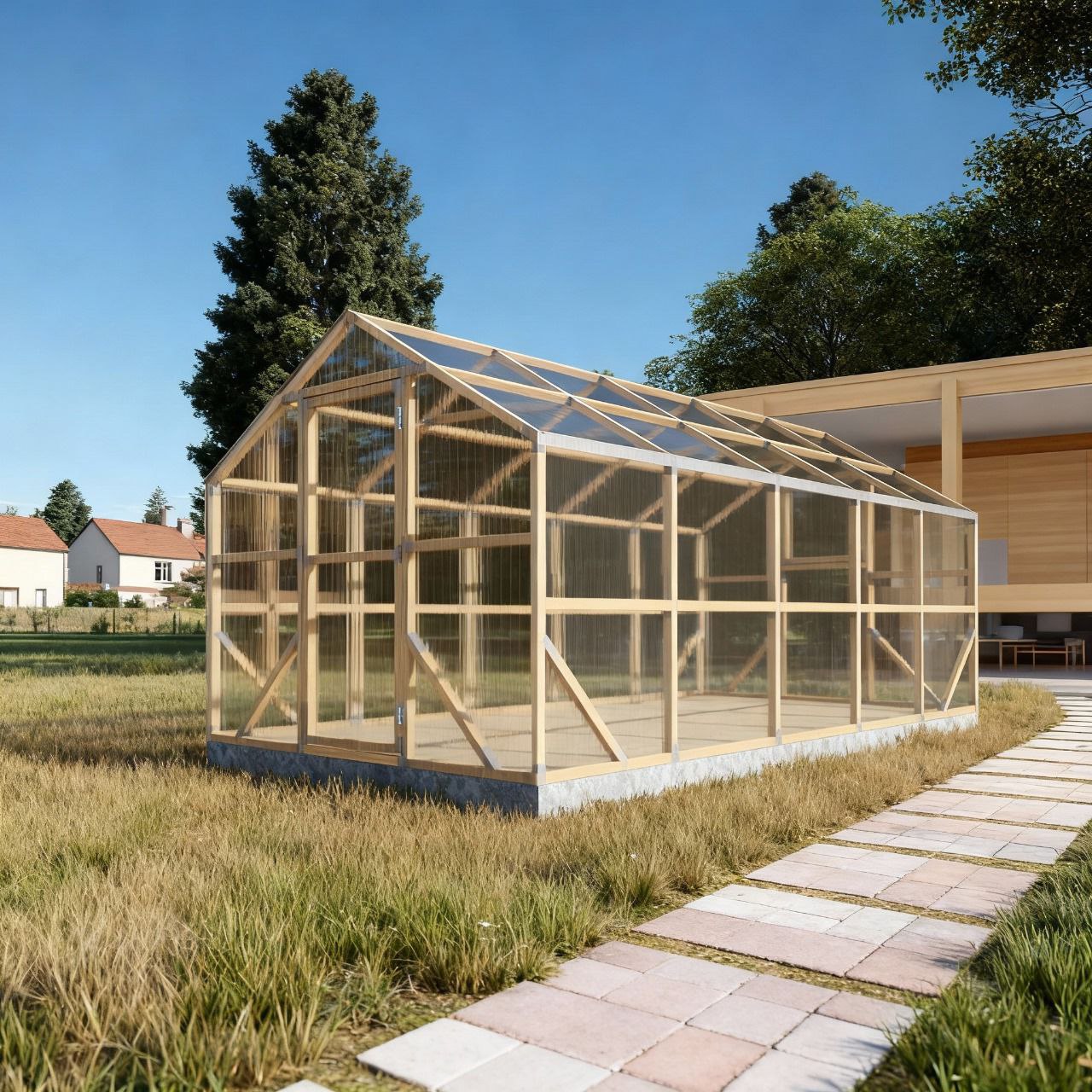 Casa Wooden Greenhouse 5m — timber frame with polycarbonate panels in garden