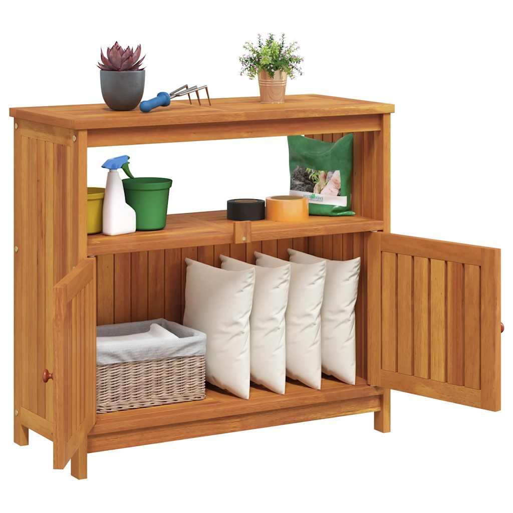 ZenGrow Acacia Dining Table — placed inside greenhouse as potting and display surface