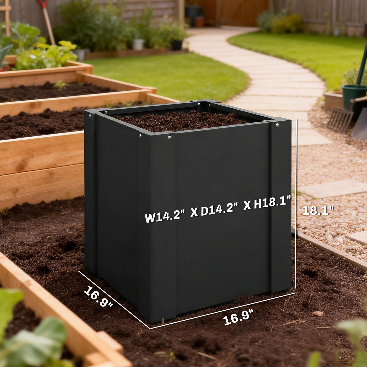 ZenGrow Black Garden Planter — flat-pack assembly parts with hardware included