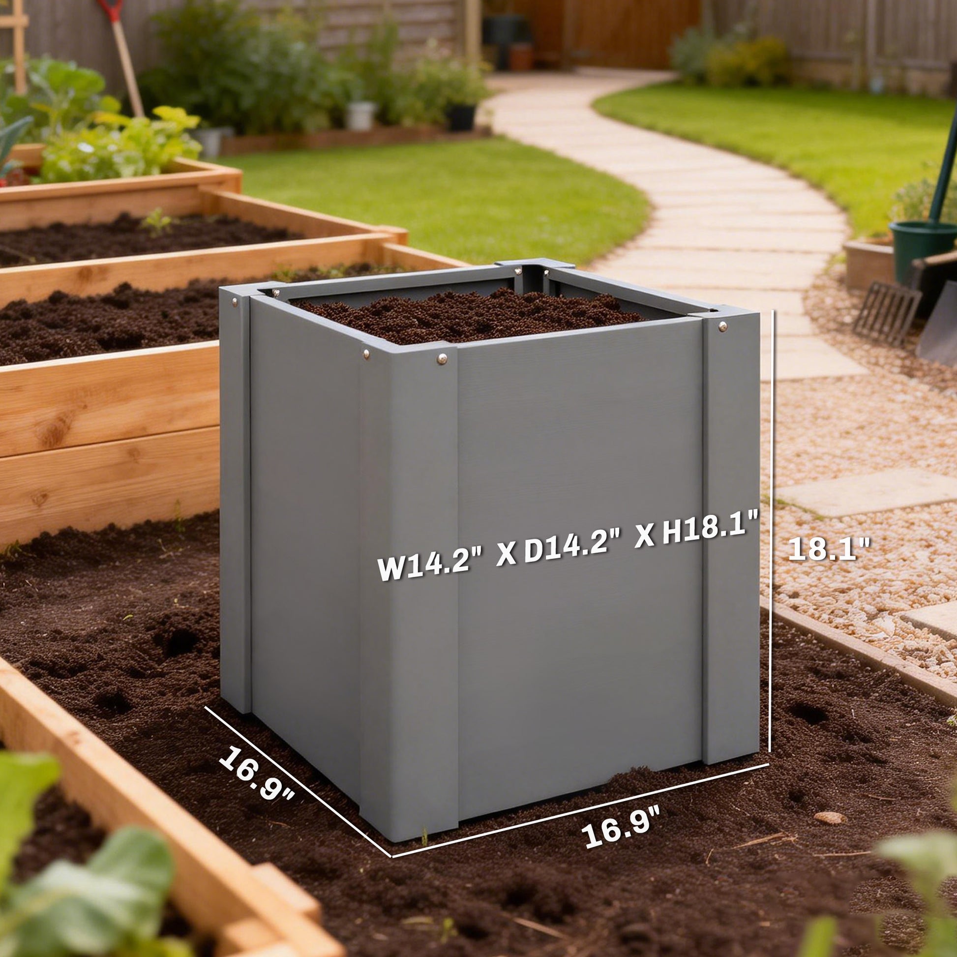 ZenGrow Gray Planter — compact galvanized raised bed for small greenhouse spaces