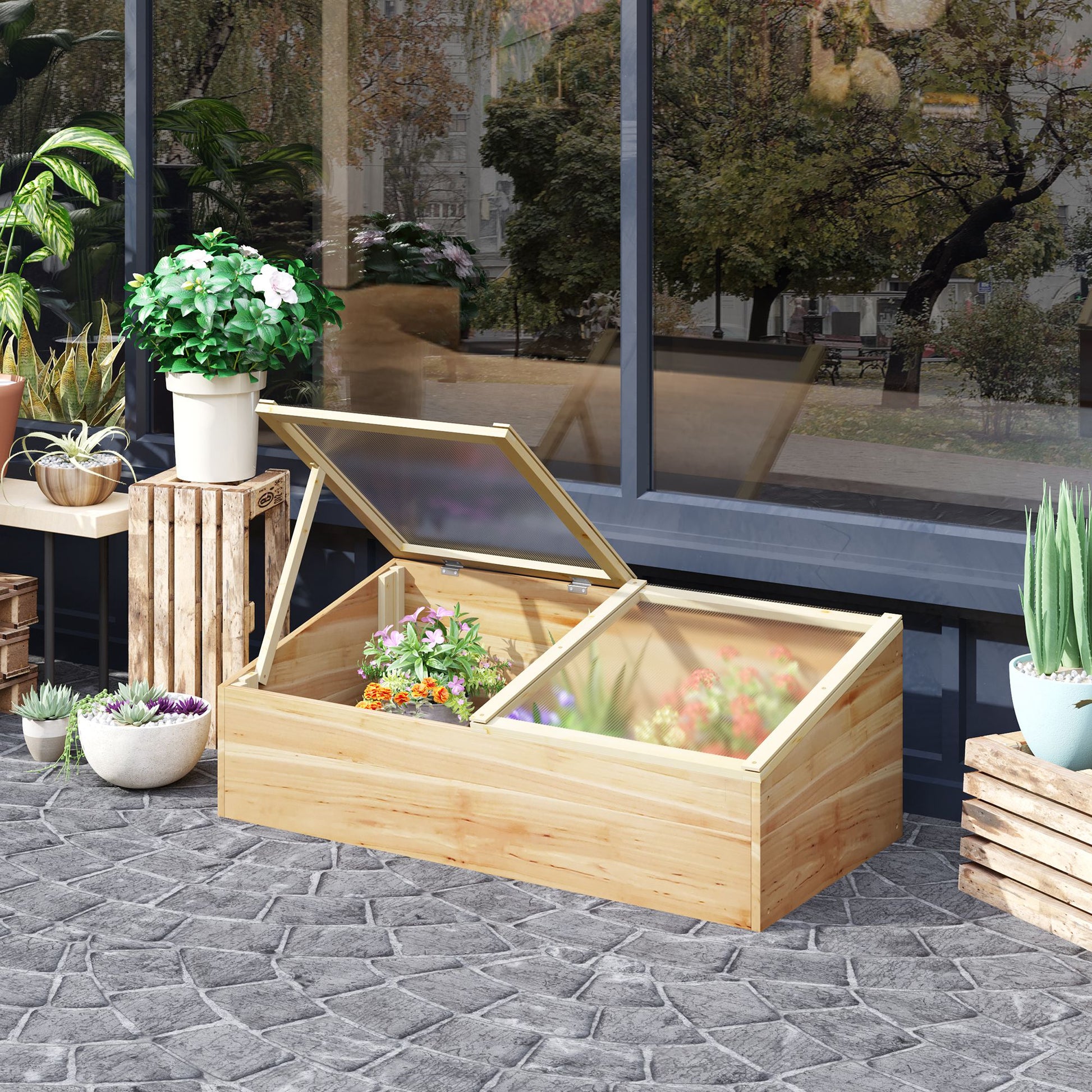 ZenGrow Wood Cold Frame — close-up of wood frame corner and polycarbonate hinge