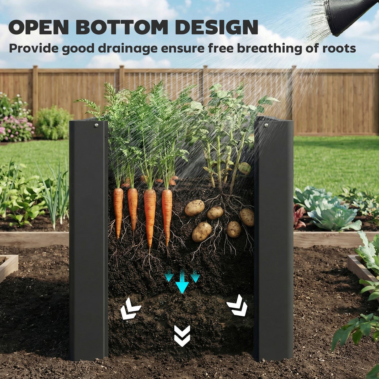 ZenGrow Steel Bed Black — inside view showing soil depth for deep-root vegetables