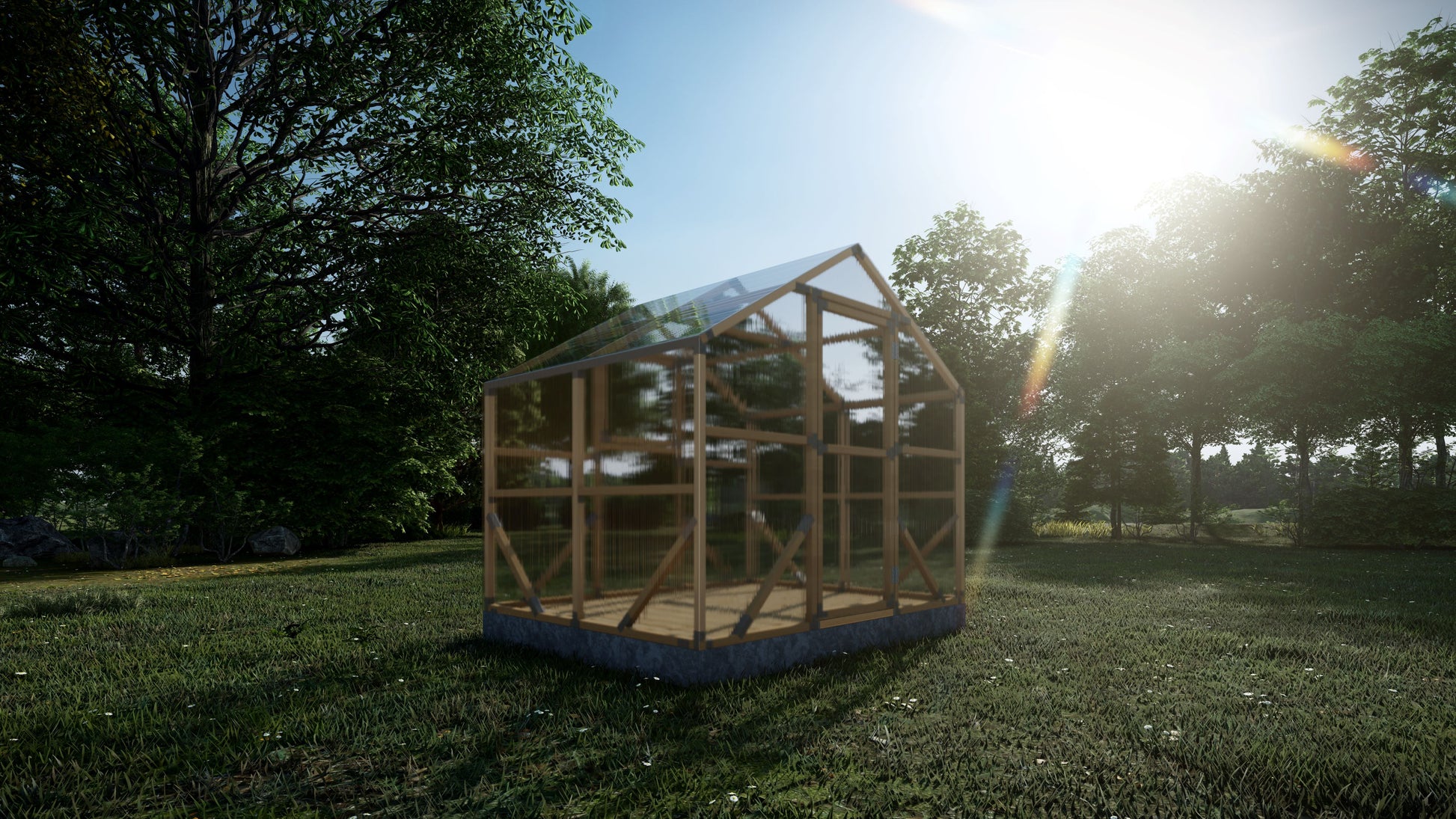 Wooden greenhouse structure in a grassy area with trees and sunlight