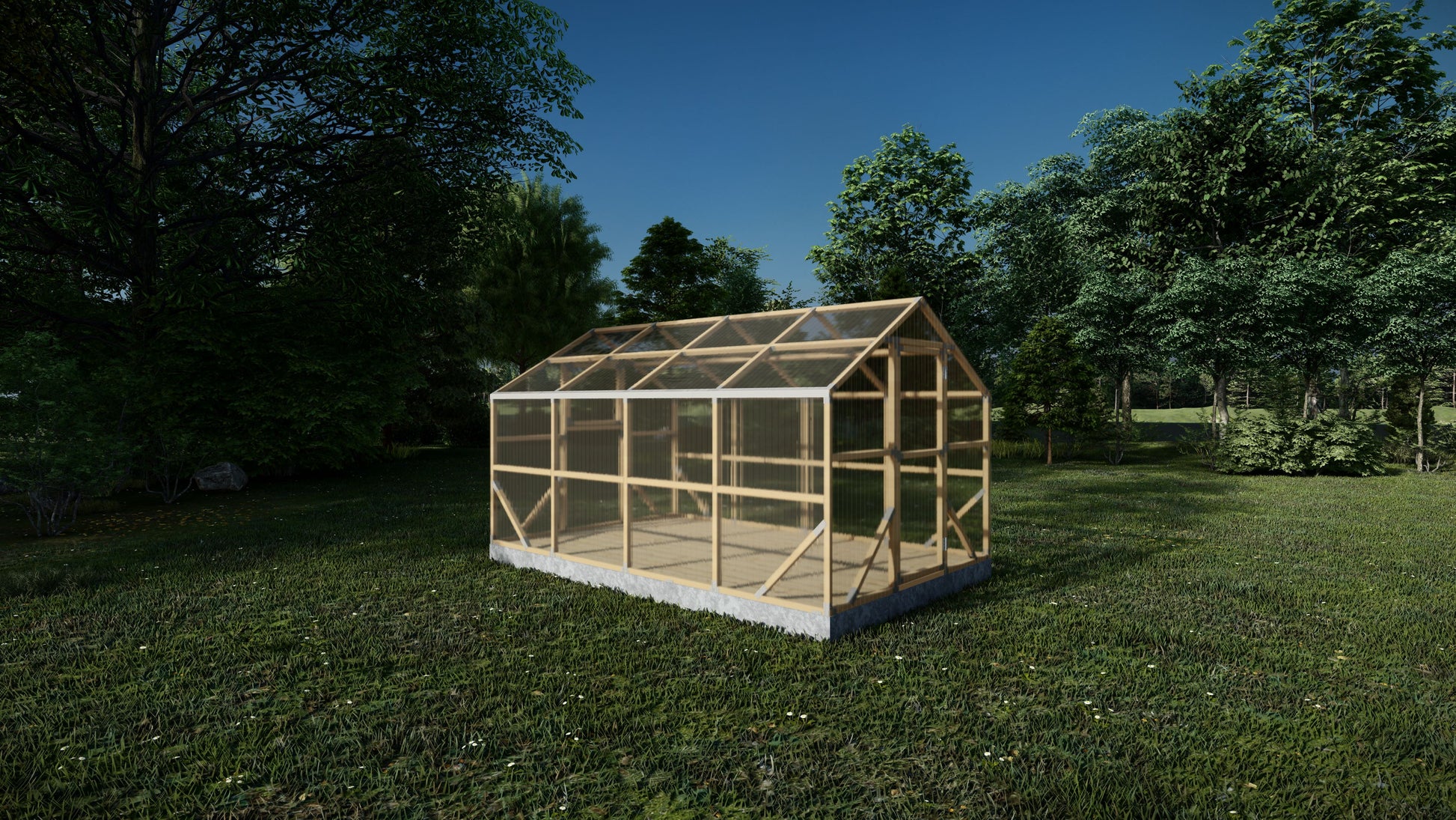 Wooden greenhouse on a grassy area with trees in the background