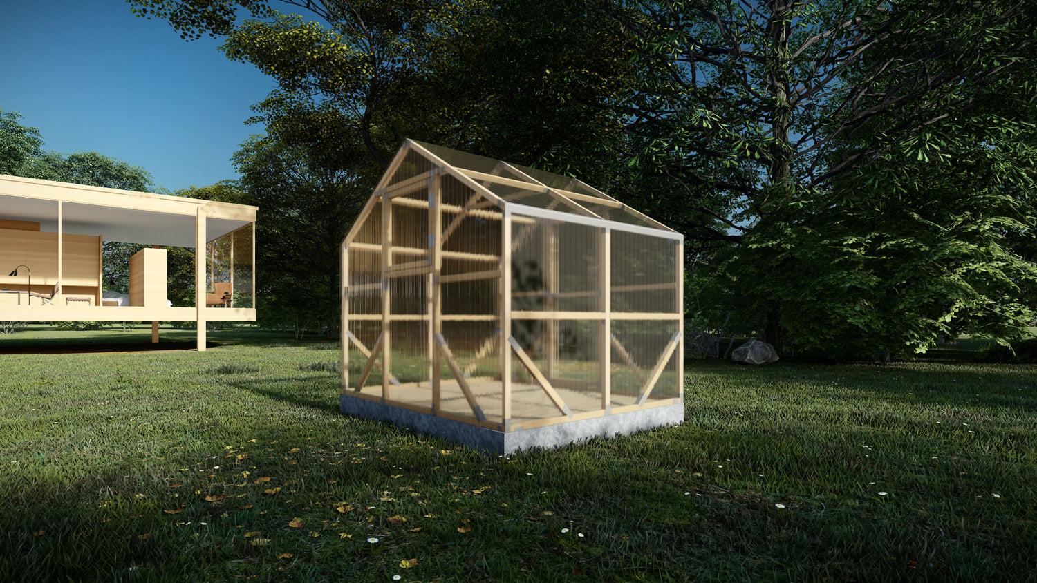 Wooden greenhouse on a grassy area with trees in the background