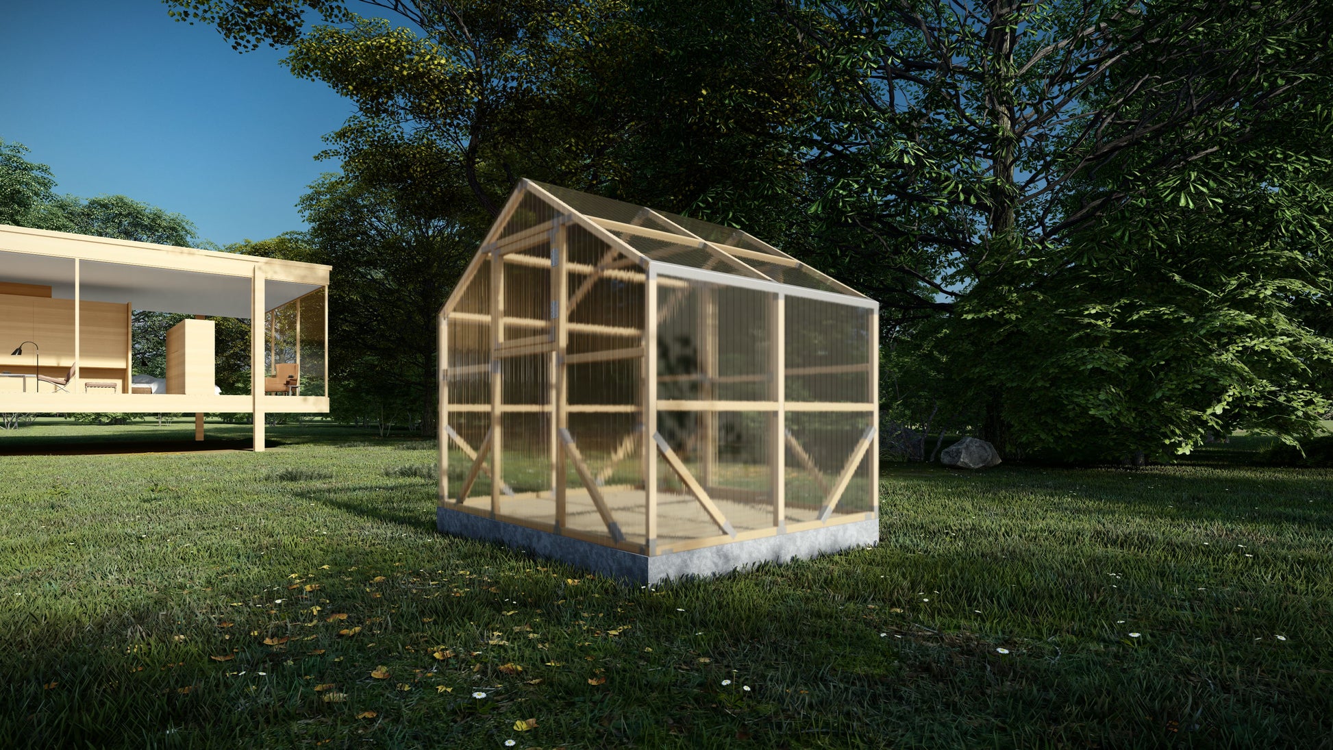 Wooden greenhouse on a grassy area with trees in the background