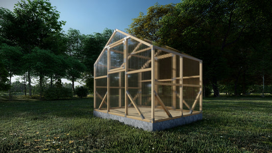 Wooden greenhouse structure on a grassy area with trees in the background