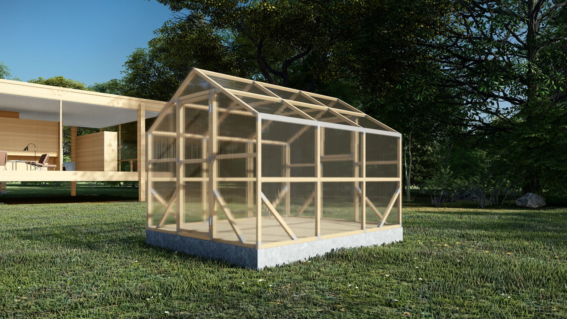 Greenhouse with wooden frame and transparent panels on a grassy area with trees in the background