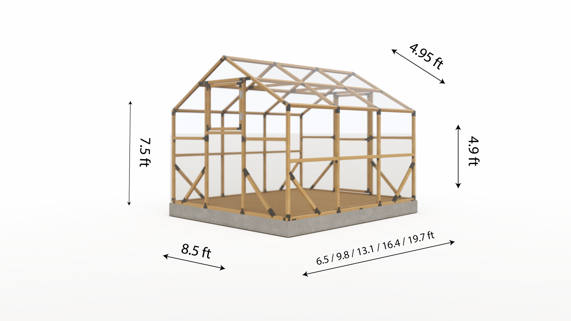 Wooden greenhouse structure with dimensions labeled on a white background