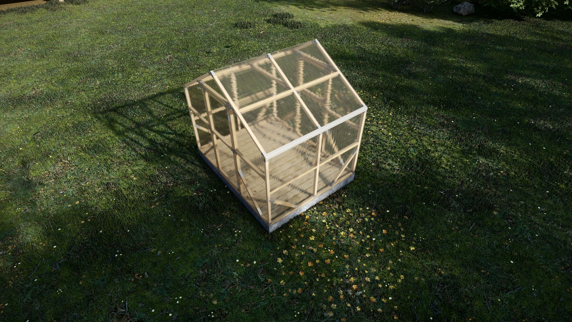 Small wooden greenhouse on a grassy field