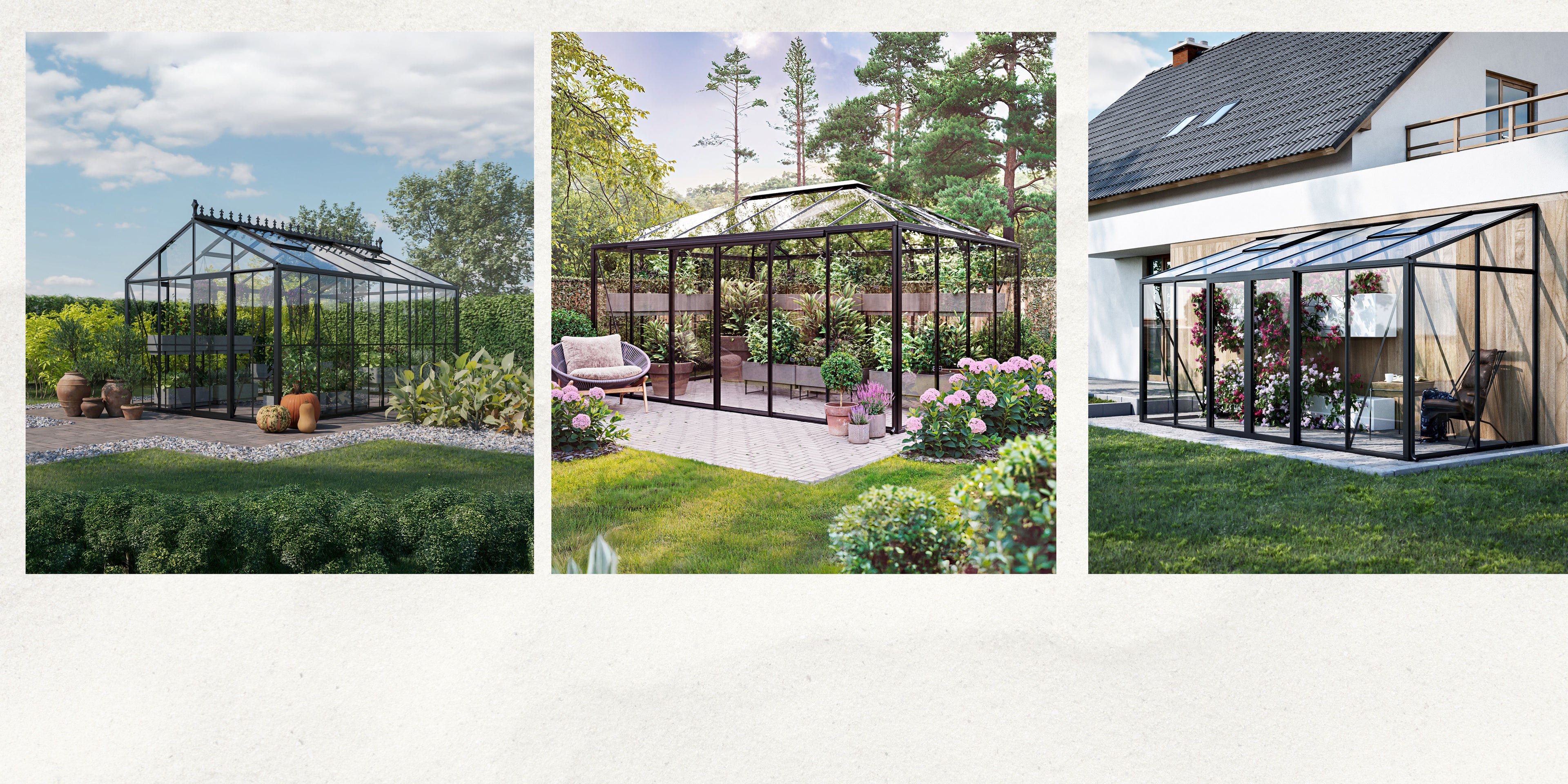 Three different garden greenhouses in various outdoor settings.
