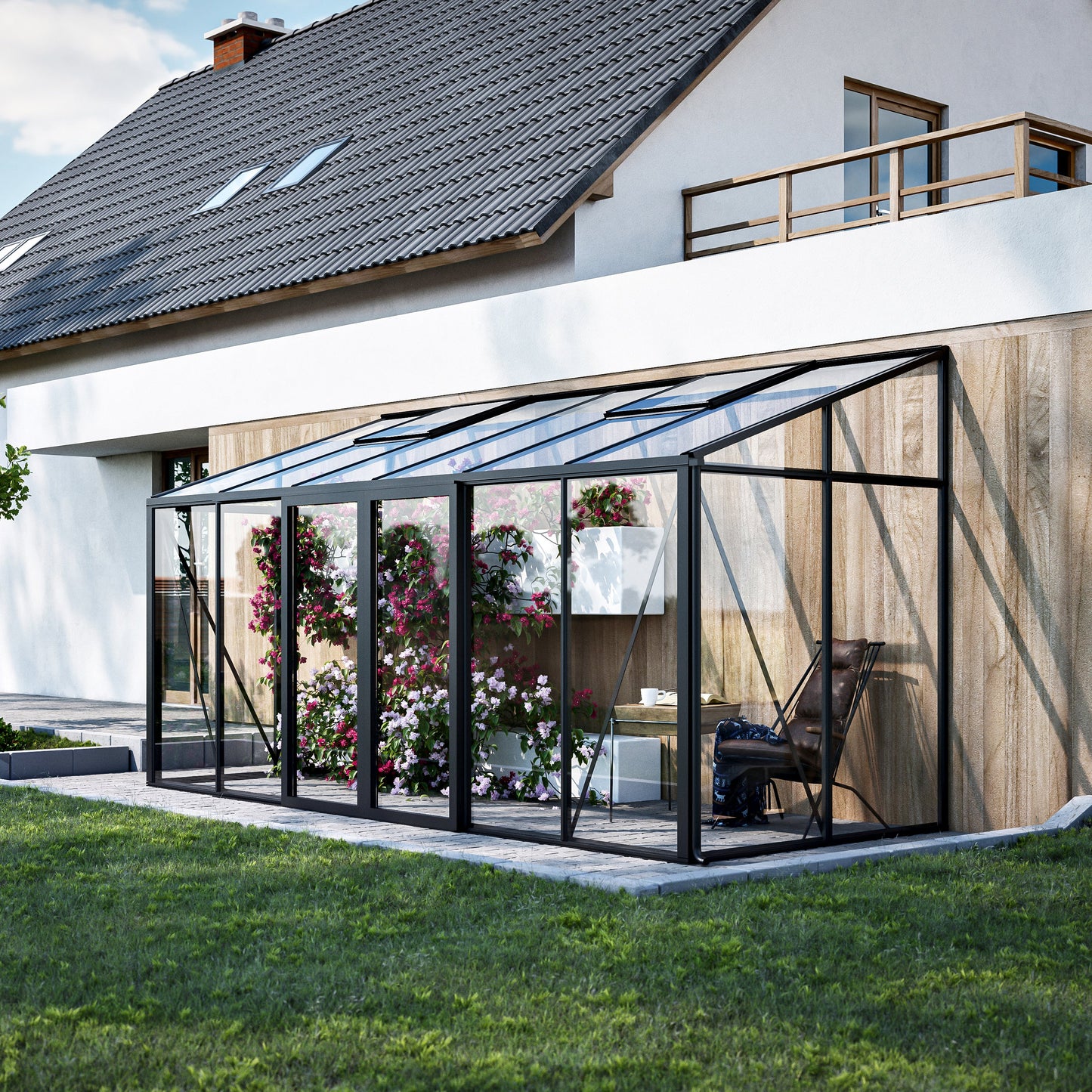 Aurora Lean-To Glass Greenhouse on house wall