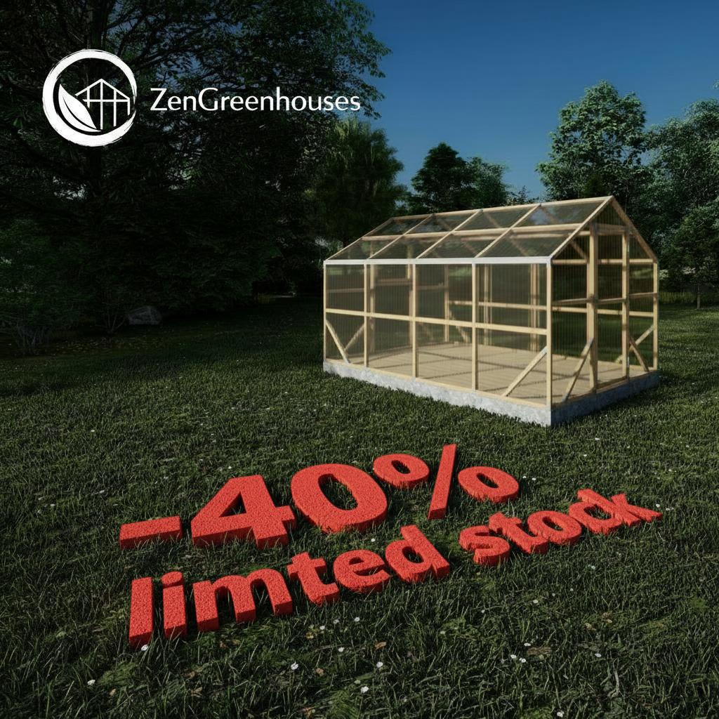Zen Greenhouses greenhouse on grass with promotional text and limited stock offer.