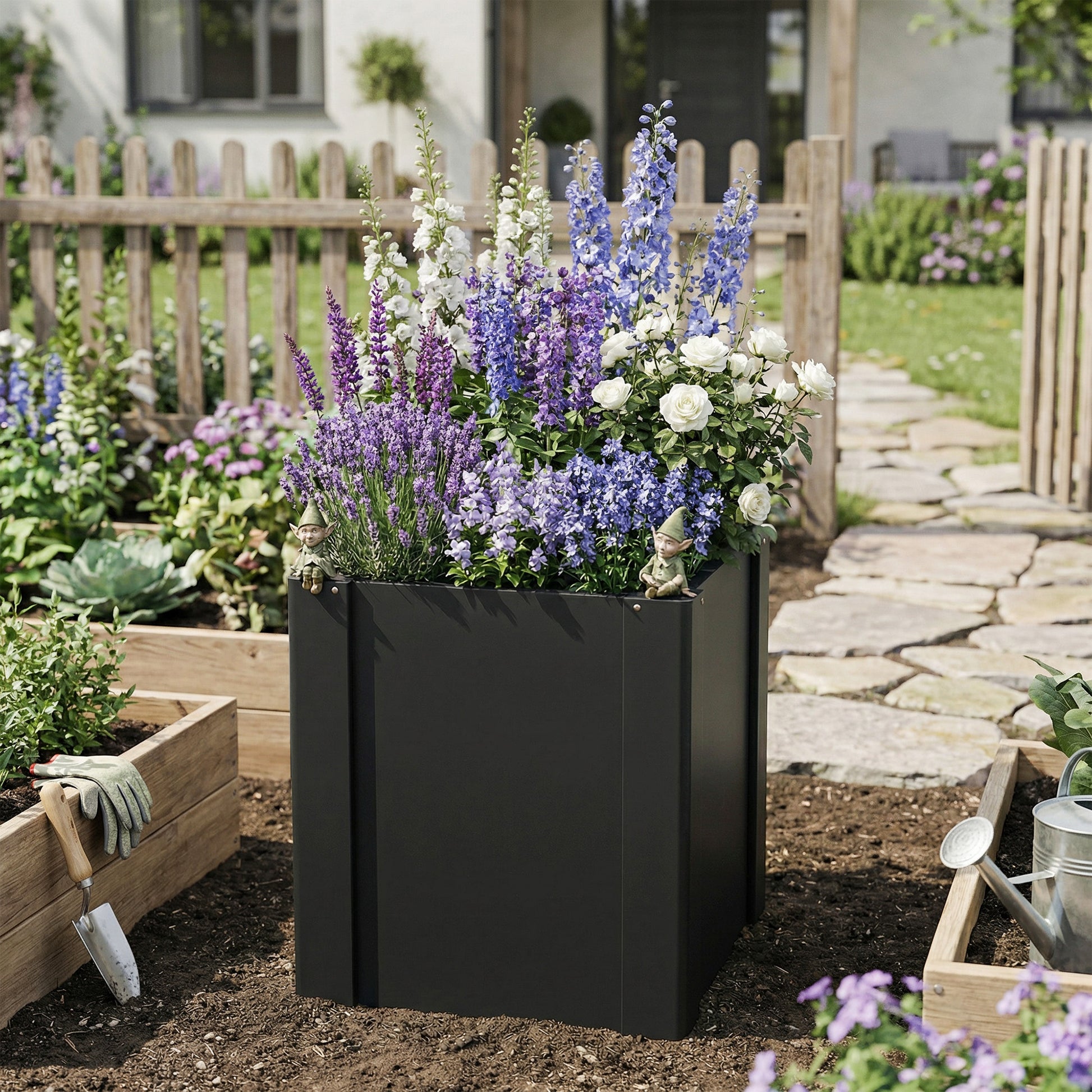 ZenGrow Black Garden Bed — assembled in garden with herbs and vegetables planted
