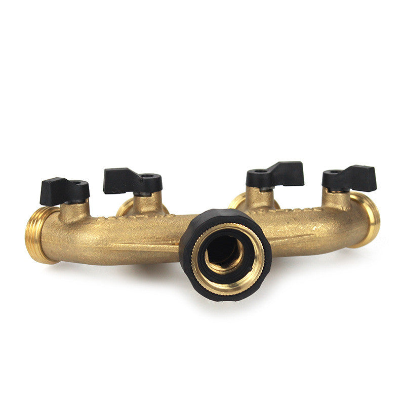 ZenGrow Brass Splitter — close-up of machined brass construction and valve handles