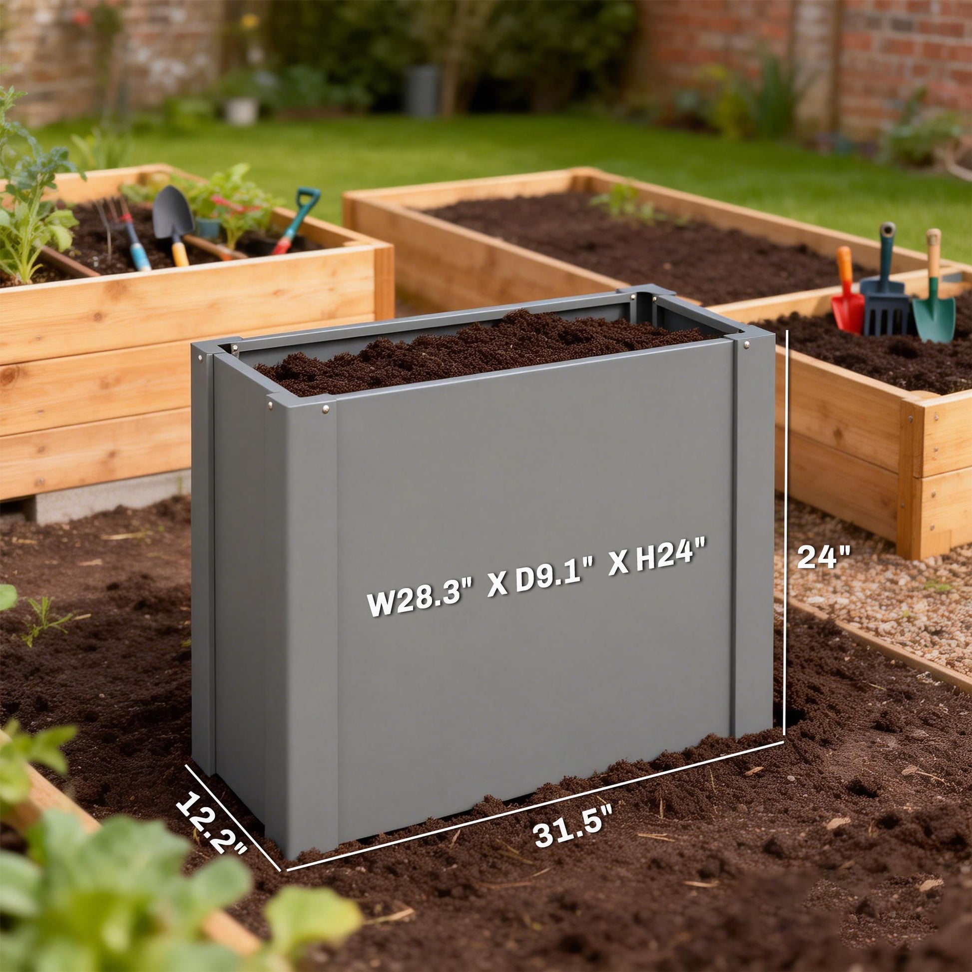 ZenGrow 2.6ft Planter — assembled in backyard garden setting with planted herbs