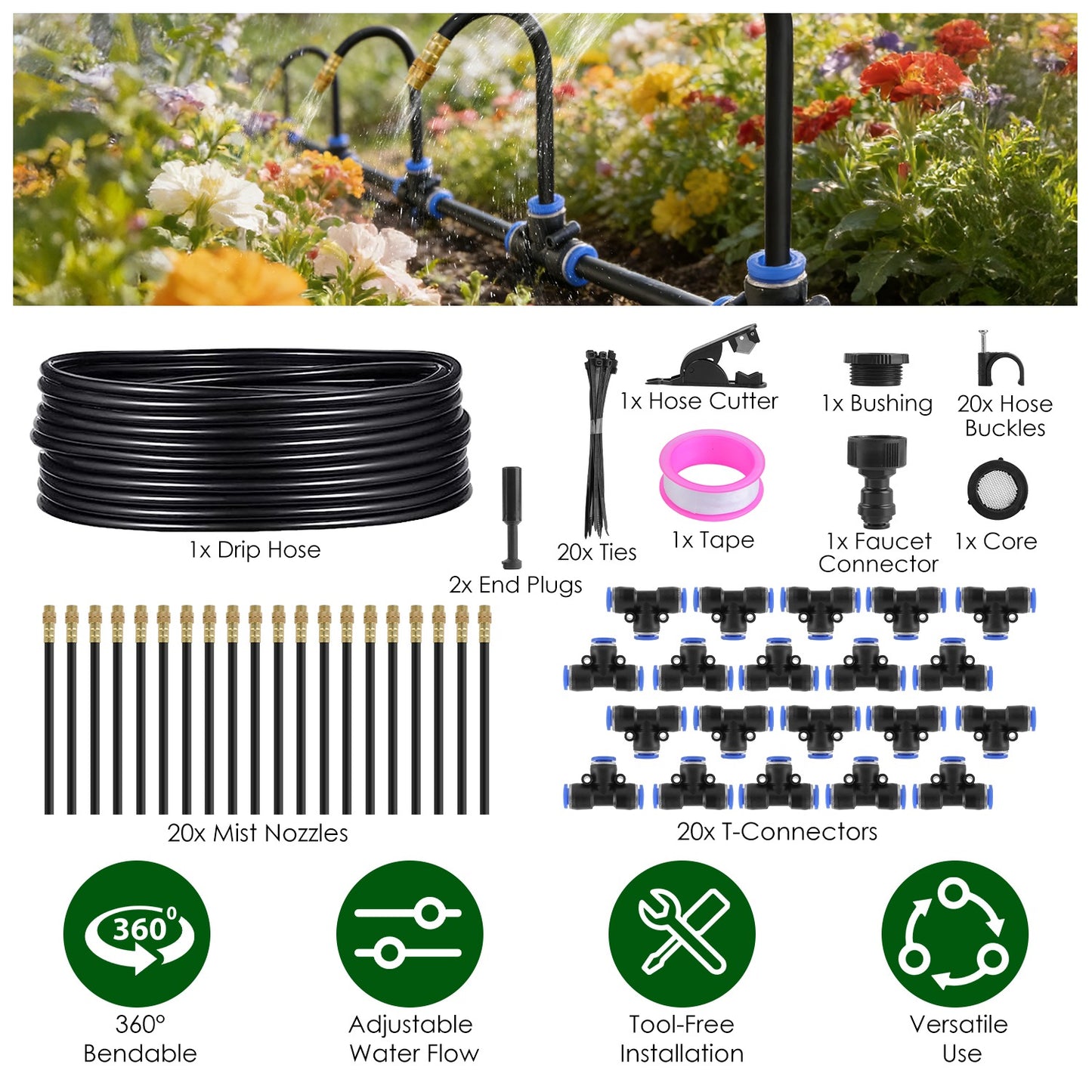 ZenGrow 49ft Irrigation — full kit layout showing tubing, emitters and connectors
