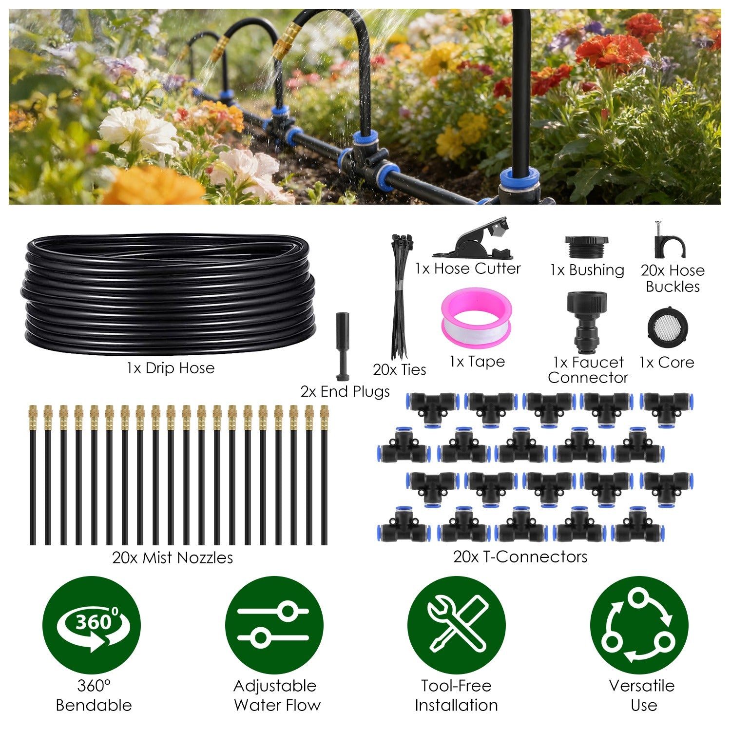 ZenGrow 49ft Irrigation — full kit layout showing tubing, emitters and connectors