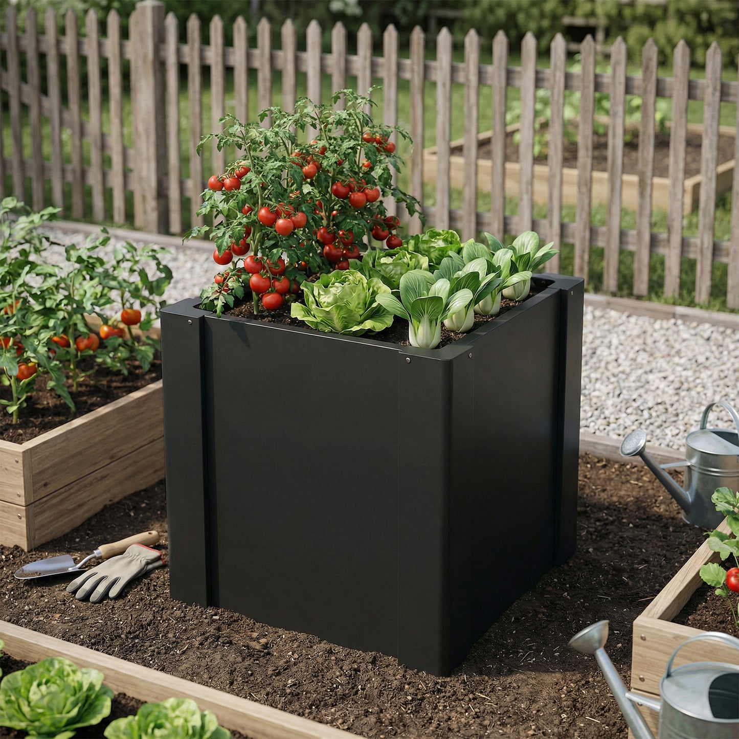 ZenGrow Black Raised Bed — corrugated steel panels with matte black coating