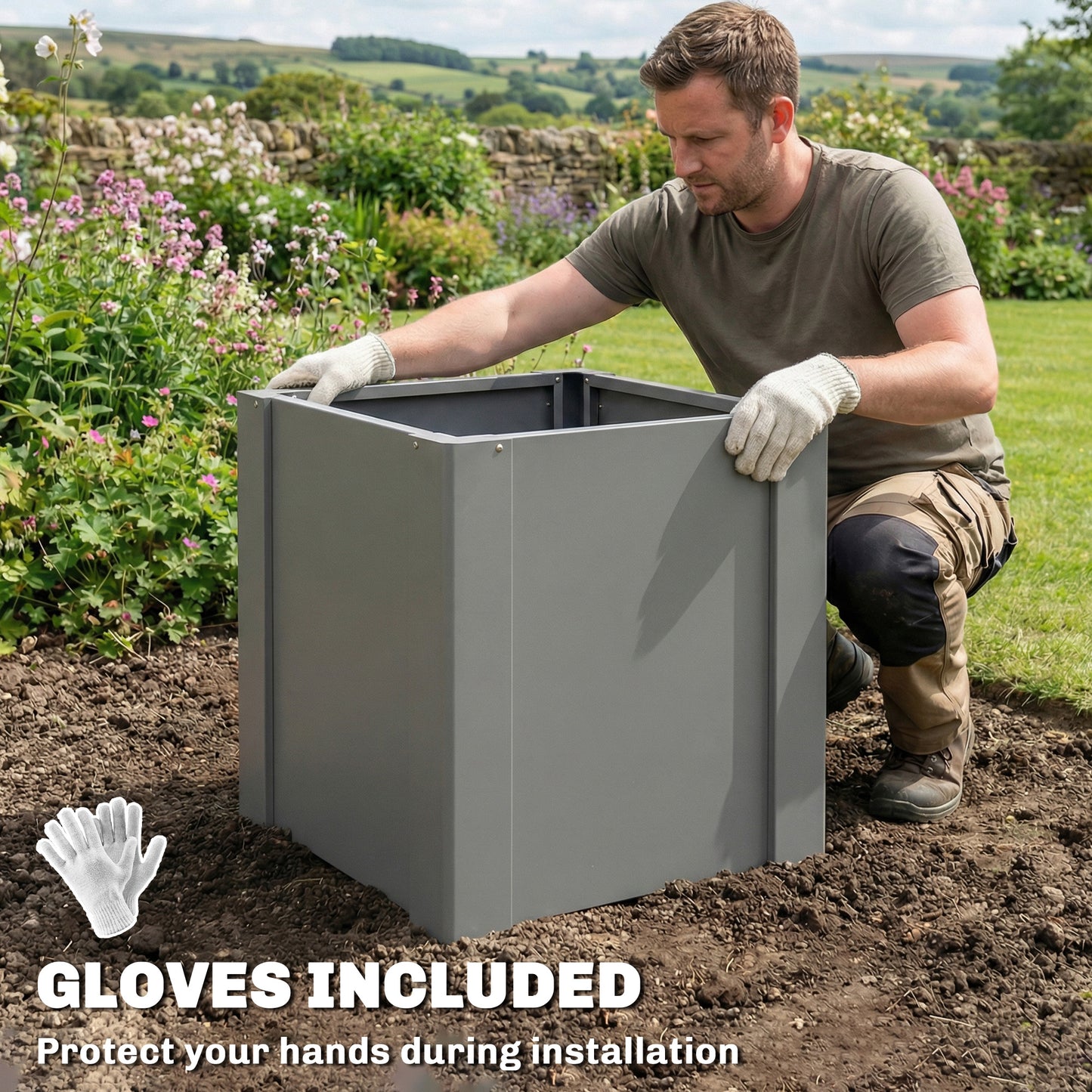 ZenGrow Raised Bed Gray — drainage detail at base for greenhouse overflow management