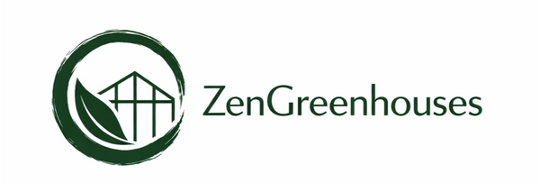 Logo of Zen Greenhouses with a green leaf and geometric design on a white background